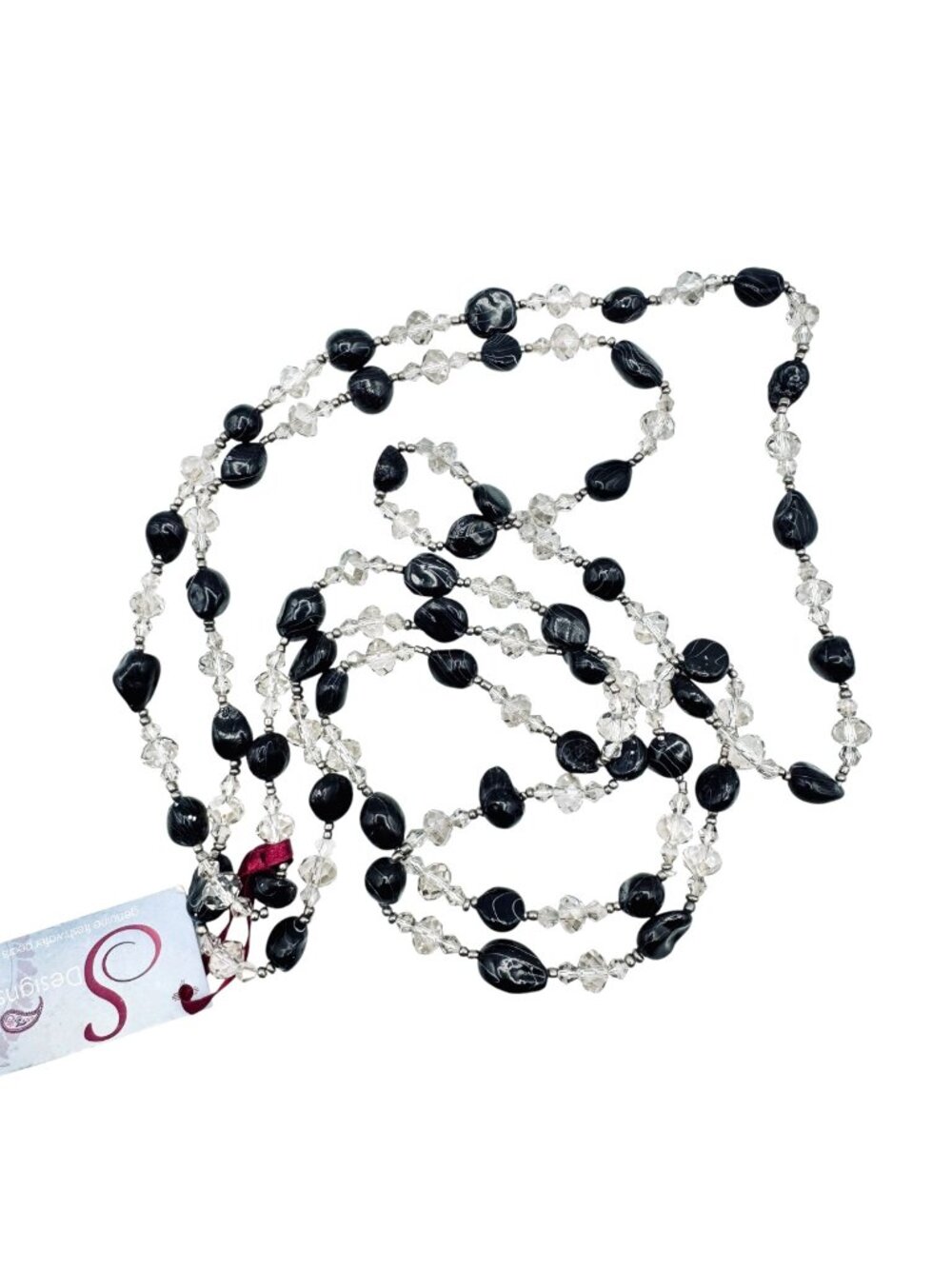 Crystal and Black Lampwork Bead Necklace 60" Long Opera Length by Sukhmani 80g